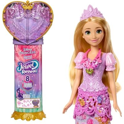 Mattel Disney Princess Jewel Reveal Lalka księżniczka Roszpunka i akcesoria, 8 niespodzianek, serduszkowa szkatułka, pierścionek, 9 elementów, zestaw inspirowany filmem, zabawka dla dzieci 3+, JLK28 Mattel Disney Princess Jewel Reveal Lalka księżniczka Roszpunka i akcesoria, 8 niespodzianek, serduszkowa szkatułka, pierścionek, 9 elementów, zestaw inspirowany filmem, zabawka dla dzieci 3+, JLK28