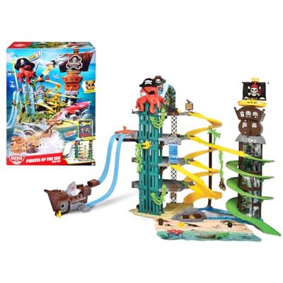 Dickie Toys Zestaw "Pirates of the Sea Playset – 5-poziomowy garaż parkingowy dla dzieci od 3 lat, ze światłem i dźwiękiem", funkcja strzelania, podwójny tor wyścigowy, rekin, rampa do skakania Dickie Toys Zestaw "Pirates of the Sea Playset – 5-poziomowy garaż parkingowy dla dzieci od 3 lat, ze światłem i dźwiękiem", funkcja strzelania, podwójny tor wyścigowy, rekin, rampa do skakania