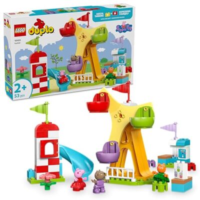 Lego DUPLO Świnka Peppa Wesołe miasteczko, kreatywne zabawki dla dzieci do zbudowania, klocki dla 2-latka do nauki kolorów z Pieskiem Danny i Kotką Candy, prezent dla dziewczynki i chłopca 10453 Lego DUPLO Świnka Peppa Wesołe miasteczko, kreatywne zabawki dla dzieci do zbudowania, klocki dla 2-latka do nauki kolorów z Pieskiem Danny i Kotką Candy, prezent dla dziewczynki i chłopca 10453