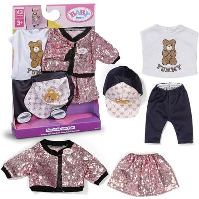 BABY born Glamour strój dla lalek 43 cm z różowymi cekinami Kurtka, koszulka z nadrukiem pluszowym, czapka i legginsy BABY born Glamour strój dla lalek 43 cm z różowymi cekinami Kurtka, koszulka z nadrukiem pluszowym, czapka i legginsy