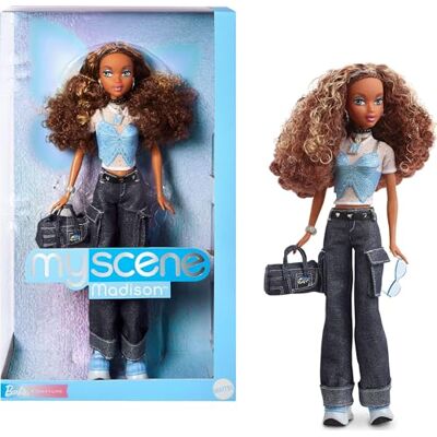 Barbie Signature My Scene Madison Modowa lalka kolekcjonerska z akcesoriami, w stylizacji Y2K z motylkowym topem, bojówkami i dżinsową torebką + podstawka dla lalki, HYC18 Barbie Signature My Scene Madison Modowa lalka kolekcjonerska z akcesoriami, w stylizacji Y2K z motylkowym topem, bojówkami i dżinsową torebką + podstawka dla lalki, HYC18