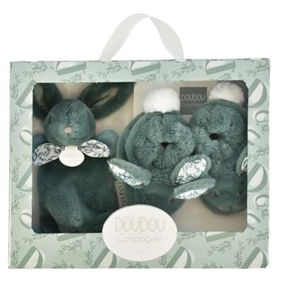 Doudou et Compagnie LAPIN DOUDOU Pudełko z kapciami i przytulanką zielona Sa Doudou et Compagnie LAPIN DOUDOU Pudełko z kapciami i przytulanką zielona Sa