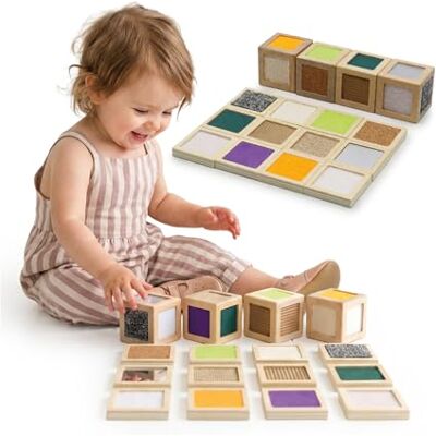 mamabrum Drewniane Klocki Sensoryczne Montessori, 4 kostki z 12 fakturami i 12 Płytek do Dopasowywania, Zabawka Dotykowa z Drewna, Zestaw Edukacyjny dla Dzieci 1+ mamabrum Drewniane Klocki Sensoryczne Montessori, 4 kostki z 12 fakturami i 12 Płytek do Dopasowywania, Zabawka Dotykowa z Drewna, Zestaw Edukacyjny dla Dzieci 1+