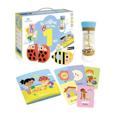 Nathan Petit Le Coffret de Mes 1 rok Zabawka dla dziecka 1 rok Prezent Sensoryczne pudełko na przebudzenie 4 w 1 Książka do kąpieli Deszczowy patyk, karty obrazkowe Drewniane grzechotki Nathan Petit Le Coffret de Mes 1 rok Zabawka dla dziecka 1 rok Prezent Sensoryczne pudełko na przebudzenie 4 w 1 Książka do kąpieli Deszczowy patyk, karty obrazkowe Drewniane grzechotki