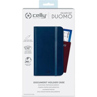 Celly PASSPORTDBL Podróżny uchwyt na paszport, przydatne akcesoria podróżne z zamknięciem magnetycznym i kieszeniami na dokumenty, karty, gotówkę i smartfony, z niebieskiej sztucznej skóry Celly PASSPORTDBL Podróżny uchwyt na paszport, przydatne akcesoria podróżne z zamknięciem magnetycznym i kieszeniami na dokumenty, karty, gotówkę i smartfony, z niebieskiej sztucznej skóry