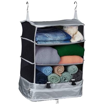 Relaxdays wiszący organizer do walizek, wys. x szer. x gł.: 55 x 44 x 30 cm, składany organizer do bagażu, 4 przegródki, przenośny, szary Relaxdays wiszący organizer do walizek, wys. x szer. x gł.: 55 x 44 x 30 cm, składany organizer do bagażu, 4 przegródki, przenośny, szary