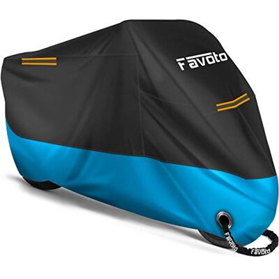 Favoto Ulepszona wersja, wodoszczelna plandeka na motocykl, do użytku na zewnątrz, ochrona przed wiatrem, z 2 klamrami paska, czarno-niebieska, 265x105 cm Favoto Ulepszona wersja, wodoszczelna plandeka na motocykl, do użytku na zewnątrz, ochrona przed wiatrem, z 2 klamrami paska, czarno-niebieska, 265x105 cm