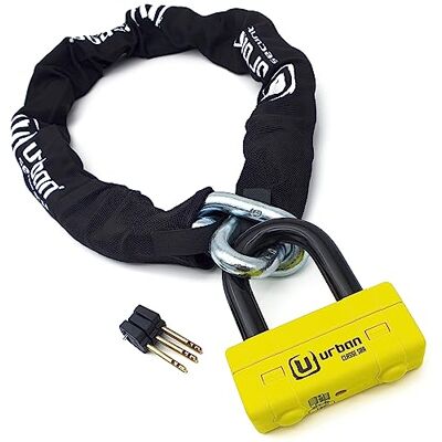 urban UR75100 Motocyklowy łańcuch zabezpieczający przed kradzieżą Kłódka z atestem Classe SRA, Mini U Disc Lock + Chain ø15, 100 cm urban UR75100 Motocyklowy łańcuch zabezpieczający przed kradzieżą Kłódka z atestem Classe SRA, Mini U Disc Lock + Chain ø15, 100 cm