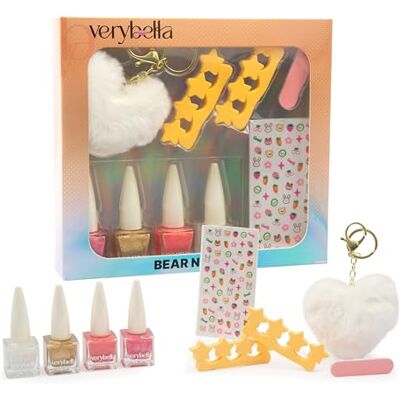 verybella Idealny zestaw do manicure Bear zawiera: 4 kolorowe lakiery do paznokci Peel Off 1 pilnik do paznokci 2 miękkie kolorowe separatory palców 1 brelok w kształcie serca verybella Idealny zestaw do manicure Bear zawiera: 4 kolorowe lakiery do paznokci Peel Off 1 pilnik do paznokci 2 miękkie kolorowe separatory palców 1 brelok w kształcie serca