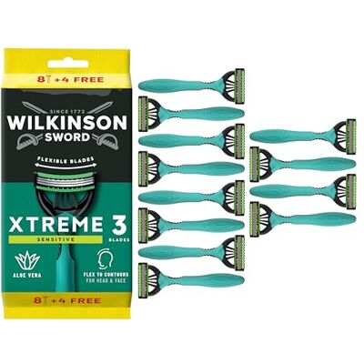 Wilkinson Sword Xtreme 3 Sensitive, zestaw 8 + 4 jednorazowych maszynek do strzyżenia z witaminą E i aloesem optymalne do pielęgnacji twarzy i miękkości twarzy Wilkinson Sword Xtreme 3 Sensitive, zestaw 8 + 4 jednorazowych maszynek do strzyżenia z witaminą E i aloesem optymalne do pielęgnacji twarzy i miękkości twarzy