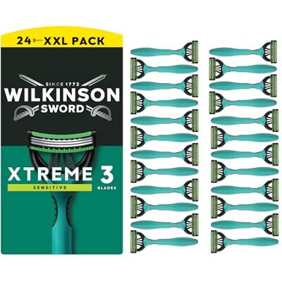 Wilkinson Sword Xtreme 3 Sensitive męska jednorazowa maszynka do golenia, idealna do męskich zestawów toaletowych, idealna do codziennego golenia, zestaw 24 szt Wilkinson Sword Xtreme 3 Sensitive męska jednorazowa maszynka do golenia, idealna do męskich zestawów toaletowych, idealna do codziennego golenia, zestaw 24 szt