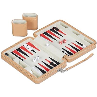Relaxdays Backgammon, gra podróżna z torbą, w zestawie akcesoria, wys. x szer. x gł.: 5,5 x 24 x 18 cm, imitacja skóry, gra planszowa, jasnobrązowa Relaxdays Backgammon, gra podróżna z torbą, w zestawie akcesoria, wys. x szer. x gł.: 5,5 x 24 x 18 cm, imitacja skóry, gra planszowa, jasnobrązowa