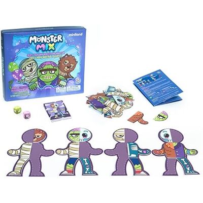 Miniland Monster Mix, gra planszowa do tworzenia potworów dla dzieci w wieku od 5 lat, z 48 elementami, kartami wyzwań i kostkami Miniland Monster Mix, gra planszowa do tworzenia potworów dla dzieci w wieku od 5 lat, z 48 elementami, kartami wyzwań i kostkami