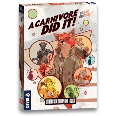 Devir A Carnivore Did It! – kooperacyjna gra planszowa do dedukcji i dochodzenia, rozwiąż 2000 przypadków z logiką, 1-5 graczy, edycja włoskojęzyczna Devir A Carnivore Did It! – kooperacyjna gra planszowa do dedukcji i dochodzenia, rozwiąż 2000 przypadków z logiką, 1-5 graczy, edycja włoskojęzyczna
