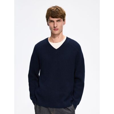 Reserved - Strukturalny sweter z bawełną - granatowy - male - Size: S,M,L,XL Reserved - Strukturalny sweter z bawełną - granatowy - male - Size: S,M,L,XL