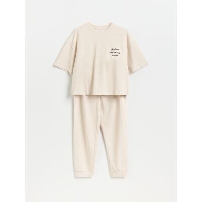 Reserved - Dwuczęściowa piżama z bawełną - kremowy - female - Size: XS,S,M,L,XL,XXL Reserved - Dwuczęściowa piżama z bawełną - kremowy - female - Size: XS,S,M,L,XL,XXL