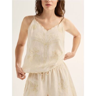 Reserved - Lniany top z haftem - kremowy - female - Size: XS,S,M,L,XL Reserved - Lniany top z haftem - kremowy - female - Size: XS,S,M,L,XL