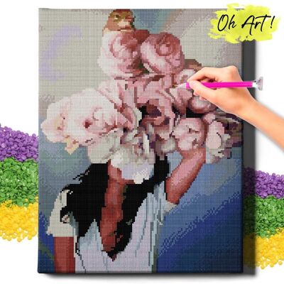 Oh Art! DIAMOND PAINTING 5D z RAMĄ Kobieta Różowe piwonie Haft Diamentowy Kwiaty 40x50 cm Oh Art! DIAMOND PAINTING 5D z RAMĄ Kobieta Różowe piwonie Haft Diamentowy Kwiaty 40x50 cm