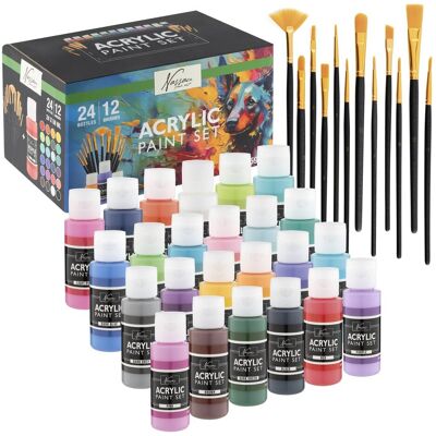 NASSAU Farby Akrylowe Duży Zestaw 24x59ml Profesjonalne Artystyczne W Tubkach 12x Pędzle Malarskie Do Farb NASSAU Farby Akrylowe Duży Zestaw 24x59ml Profesjonalne Artystyczne W Tubkach 12x Pędzle Malarskie Do Farb