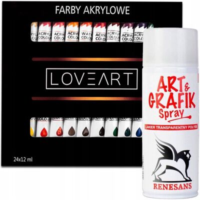 Farby akrylowe Loveart 24x12ml Werniks lakier farb akrylowych 400ml Połysk Farby akrylowe Loveart 24x12ml Werniks lakier farb akrylowych 400ml Połysk