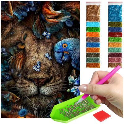 Haft Diamentowy ARTULIO, Obraz DIY 5D, Diamond Painting, Mozaika Diamentowa 40X60cm (Lew z niebieska papugą) + Zestaw Akcesoriów Haft Diamentowy ARTULIO, Obraz DIY 5D, Diamond Painting, Mozaika Diamentowa 40X60cm (Lew z niebieska papugą) + Zestaw Akcesoriów