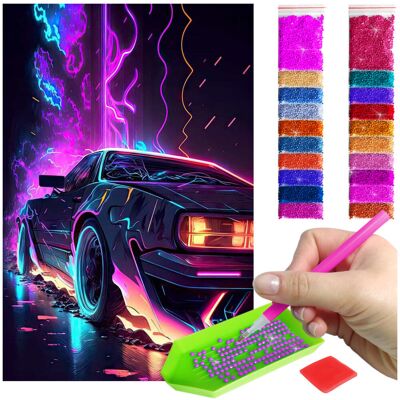 Haft Diamentowy ARTULIO, Obraz DIY 5D, Diamond Painting, Mozaika Diamentowa 40X60cm (Neonowy samochód na czarnym tle) + Zestaw Akcesoriów Haft Diamentowy ARTULIO, Obraz DIY 5D, Diamond Painting, Mozaika Diamentowa 40X60cm (Neonowy samochód na czarnym tle) + Zestaw Akcesoriów