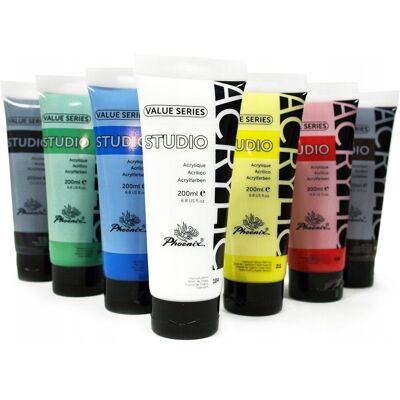 Farby akrylowe Phoenix — zestaw 7 popularnych kolorów (7 x 200 ml) Farby akrylowe Phoenix — zestaw 7 popularnych kolorów (7 x 200 ml)