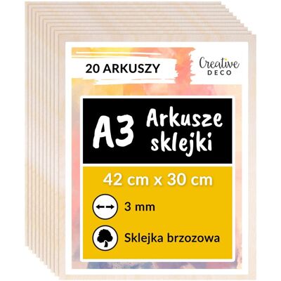 Creative Płyta sklejka do cięcia laserem grawerowania dekoracji 3mm A3 x 20 sztuk Creative Płyta sklejka do cięcia laserem grawerowania dekoracji 3mm A3 x 20 sztuk