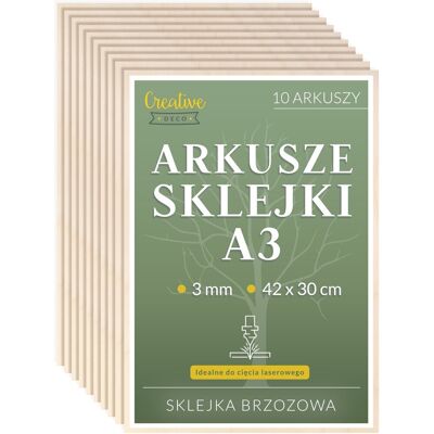Creative Płyta sklejka do cięcia laserem grawerowania dekoracji 3 mm A3 x 10 jakość premium Creative Płyta sklejka do cięcia laserem grawerowania dekoracji 3 mm A3 x 10 jakość premium