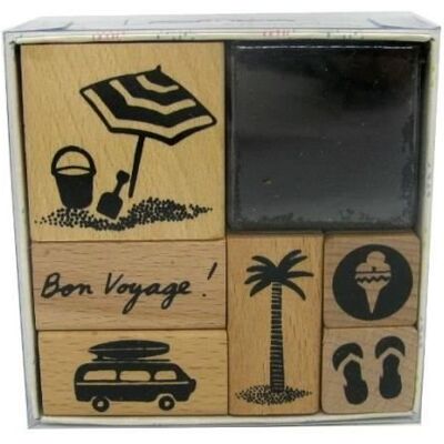 Inny producent Zestaw 6 drewnianych stempli i 1 poduszka z tuszem „Rico Design” Bon voyage Inny producent Zestaw 6 drewnianych stempli i 1 poduszka z tuszem „Rico Design” Bon voyage