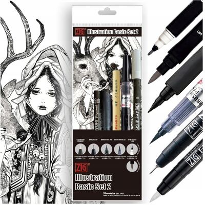Zestaw Do Ilustracji Mangi Pisaki Brush Bimoji Mangaka Kuretake Basic Set 2 Zestaw Do Ilustracji Mangi Pisaki Brush Bimoji Mangaka Kuretake Basic Set 2