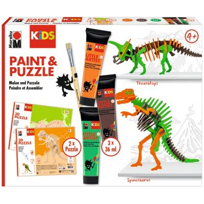 Zestaw farb Marabu KiDS Little Artist + drewniane puzzle 3D „Dinozaury” Zestaw farb Marabu KiDS Little Artist + drewniane puzzle 3D „Dinozaury”