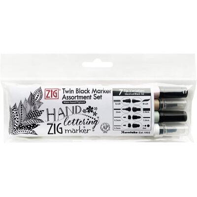 Zestaw, Kuretake Twin Black Marker Assortment, Zestaw pisaków do kaligrafii Różne Końcówki MSTC/4VBK Zestaw, Kuretake Twin Black Marker Assortment, Zestaw pisaków do kaligrafii Różne Końcówki MSTC/4VBK
