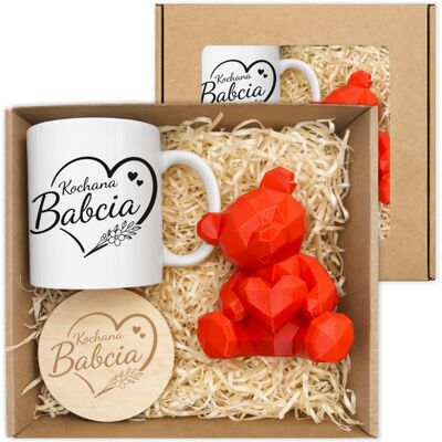 LELEMAKERS Prezent Na Dzień Dla Babci Kochana Babcia Kubek + Podkładka + Figurka Miś LELEMAKERS Prezent Na Dzień Dla Babci Kochana Babcia Kubek + Podkładka + Figurka Miś