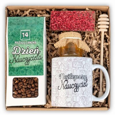 Green Touch Prezent na dzień nauczyciela zestaw kawa, kubek z nadrukiem i słodycze w pudełku Green Touch Prezent na dzień nauczyciela zestaw kawa, kubek z nadrukiem i słodycze w pudełku