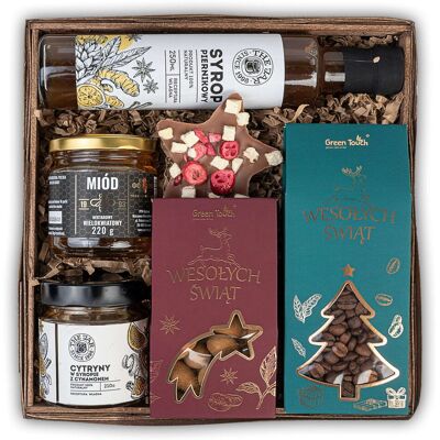 Green Touch Świąteczny kosz prezentowy zestaw na prezent kawa słodycze syrop miód box Green Touch Świąteczny kosz prezentowy zestaw na prezent kawa słodycze syrop miód box