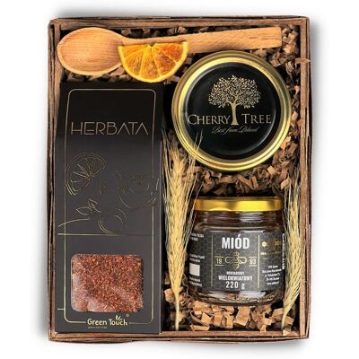 Green Touch Zestaw kosz prezentowy upominek herbata miód konfitura wiśniowa prezent box Green Touch Zestaw kosz prezentowy upominek herbata miód konfitura wiśniowa prezent box