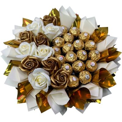 nieznany producent ZESTAW PREZENTOWY BUKIET ZE SŁODYCZY FERRERO KREMOWO-ZŁOTY URODZINY ŚLUB nieznany producent ZESTAW PREZENTOWY BUKIET ZE SŁODYCZY FERRERO KREMOWO-ZŁOTY URODZINY ŚLUB