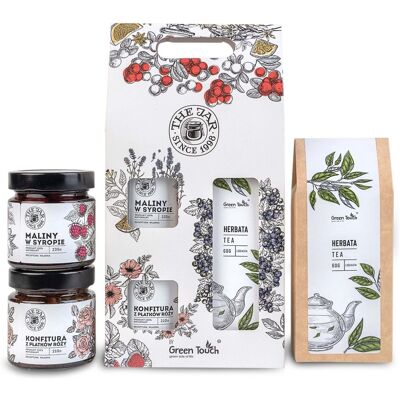 Green Touch Zestaw prezentowy herbata maliny w syropie konfitura upominek w pudełku na prezent Green Touch Zestaw prezentowy herbata maliny w syropie konfitura upominek w pudełku na prezent