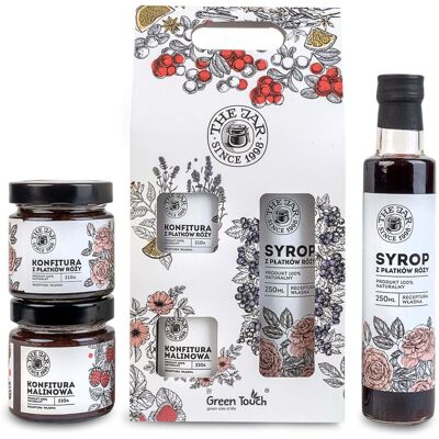 Green Touch Zestaw prezentowy przetwory z róży w pudełku box syrop konfitura na prezent Green Touch Zestaw prezentowy przetwory z róży w pudełku box syrop konfitura na prezent