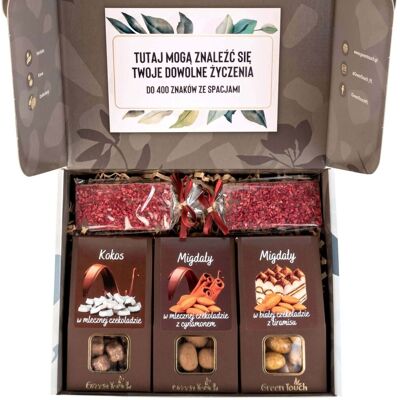 Green Touch Zestaw prezentowy w pudełku zestaw słodycze migdały kokos czekolada box Green Touch Zestaw prezentowy w pudełku zestaw słodycze migdały kokos czekolada box