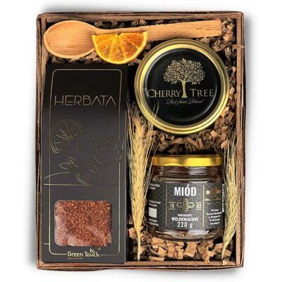 Green Touch Zestaw Kosz Prezentowy Upominek Herbata Miód Konfitura Wiśniowa Prezent Box Green Touch Zestaw Kosz Prezentowy Upominek Herbata Miód Konfitura Wiśniowa Prezent Box