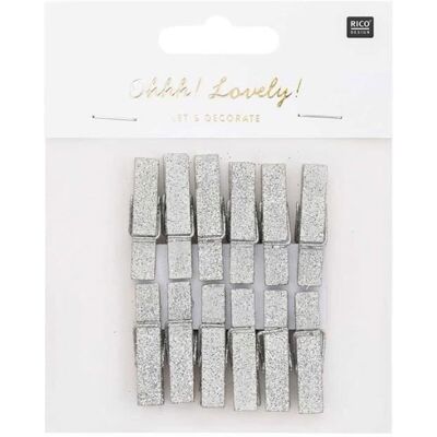 Rico Design 12 dużych drewnianych spinaczy do bielizny w kolorze srebrnym, brokatowym Rico Design 12 dużych drewnianych spinaczy do bielizny w kolorze srebrnym, brokatowym