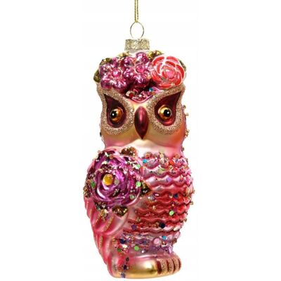 Kaemingk Bombka szklana - sowa, różowa z kwiatami i brokatem Kaemingk Bombka szklana - sowa, różowa z kwiatami i brokatem