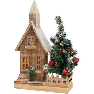 Drewniany dom z śniegiem i światełkami LED - Dekoracje świąteczne Drewniany dom z śniegiem i światełkami LED - Dekoracje świąteczne