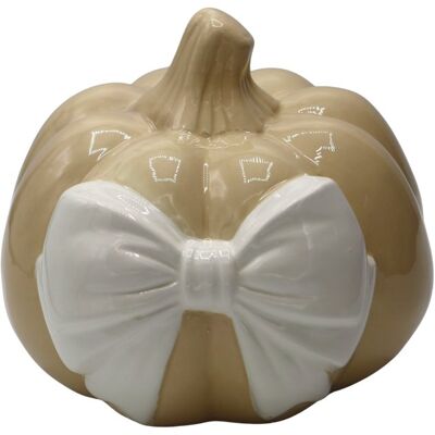 Ewax Dynia Dekoracyjna Ceramiczna Beżowa z Białą Kokardą 17cm – Ozdoba na Jesień Ewax Dynia Dekoracyjna Ceramiczna Beżowa z Białą Kokardą 17cm – Ozdoba na Jesień