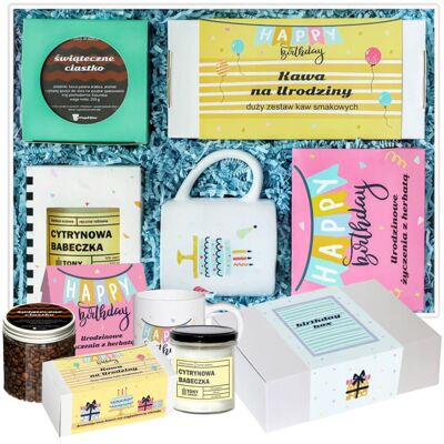 Cup&You Gotowy zestaw kosz prezentowy Birthdaybox SŁODKA NIESPODZIANKA' kawa aromatyzowana herbata PREMIUM świeca sojowa kubek Cup&You Gotowy zestaw kosz prezentowy Birthdaybox SŁODKA NIESPODZIANKA' kawa aromatyzowana herbata PREMIUM świeca sojowa kubek