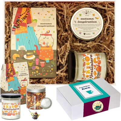 Cup&You Gotowy zestaw kosz prezentowy Box AUTUMN INSPIRATION herbata mix 10szt. zaparzacz herbata PREMIUM świeca sojowa prezent upominek na jesienne wieczory Cup&You Gotowy zestaw kosz prezentowy Box AUTUMN INSPIRATION herbata mix 10szt. zaparzacz herbata PREMIUM świeca sojowa prezent upominek na jesienne wieczory