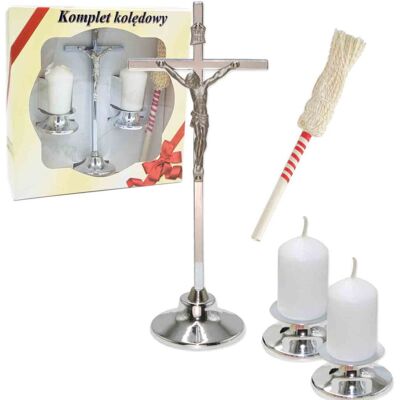 Inny producent Komplet Kolędowy z kropidłem Tradycyjny Zestaw na Kolędę srebrny 16 cm Krzyż i Świeczniki Inny producent Komplet Kolędowy z kropidłem Tradycyjny Zestaw na Kolędę srebrny 16 cm Krzyż i Świeczniki