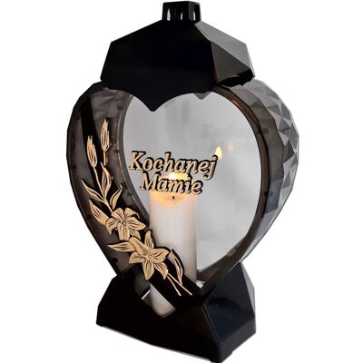 ILUMINI Mama Mamie Znicz Lampion Serce D Kalia Czarny Złoto Litery+Świeca Led Biała ILUMINI Mama Mamie Znicz Lampion Serce D Kalia Czarny Złoto Litery+Świeca Led Biała
